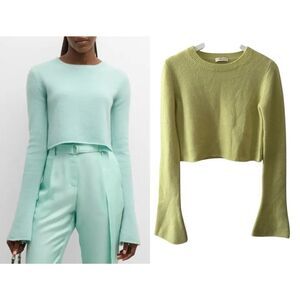 LAPOINTE Airy Cashmere-Silk Crewneck Flare-Sleeve Crop Sweater